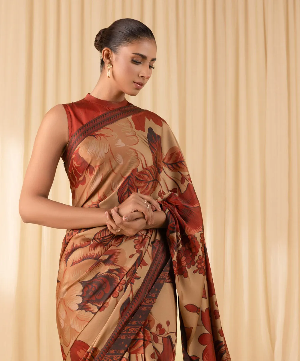 3 Piece -  Printed Satin Saree