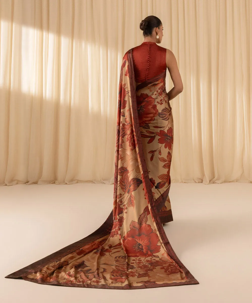 3 Piece -  Printed Satin Saree