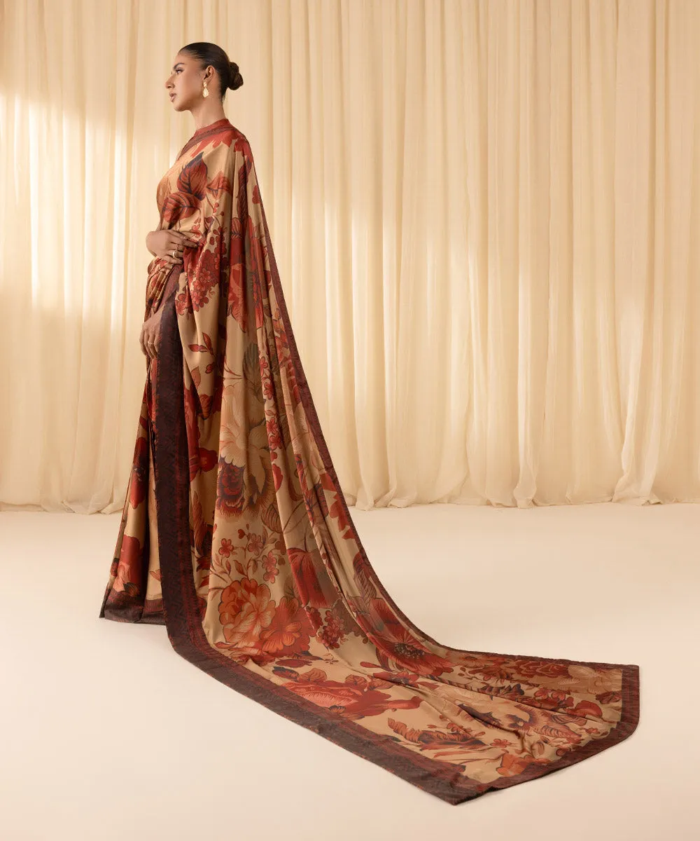 3 Piece -  Printed Satin Saree