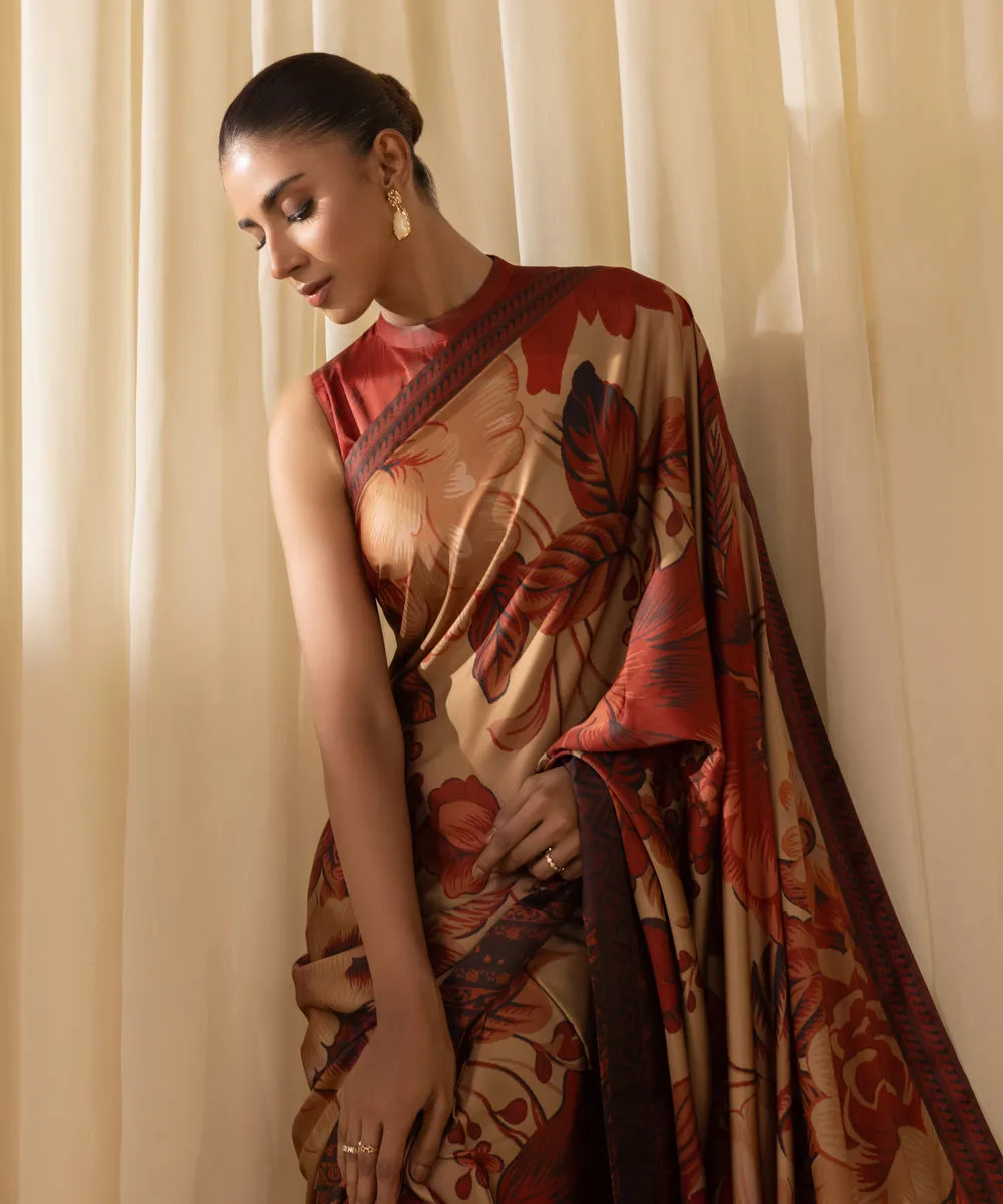 3 Piece -  Printed Satin Saree