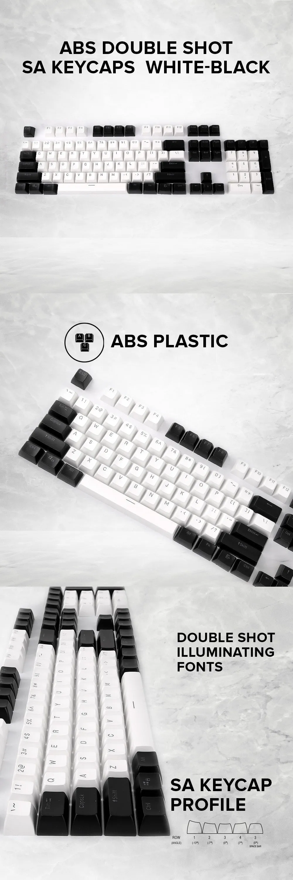 ABS Double Shot SA Keycaps White-Black, Black-White, Black-Red, Black-Blue, Blue-White, White-Red, White and Black Keycaps