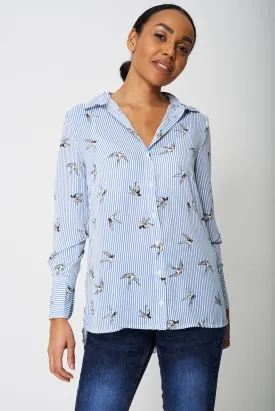 Blue Stripe Bird Print Shirt Ex-Branded