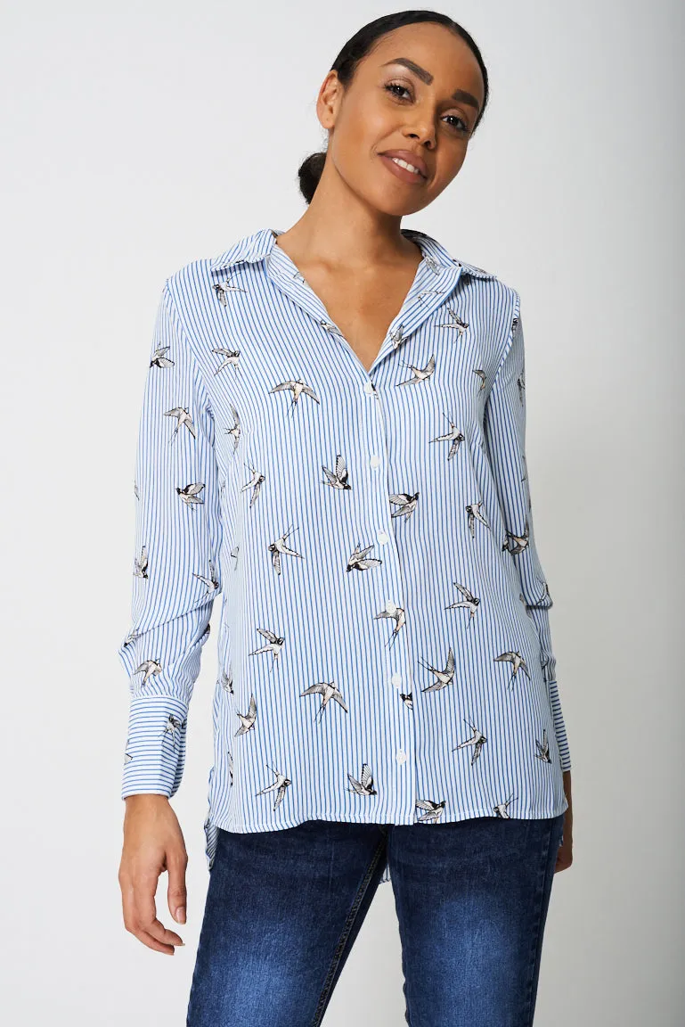 Blue Stripe Bird Print Shirt Ex-Branded