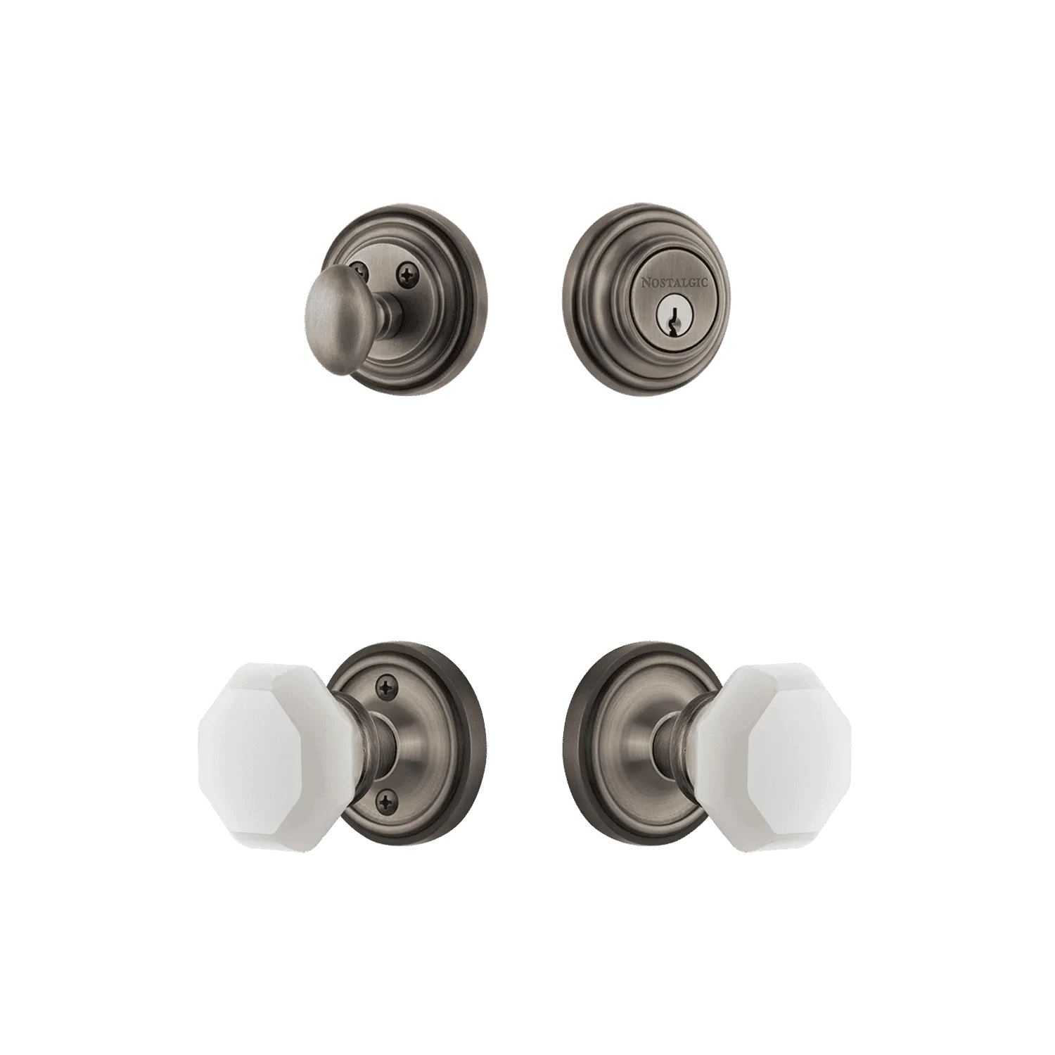Classic Rosette Entry Set with White Waldorf Crystal Knob in Antique Pewter