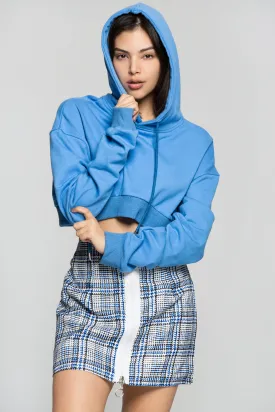 Crayola Blue Drawstring Hooded Crop Jacket with Blue and White Check Print Zip Up Skirt Set