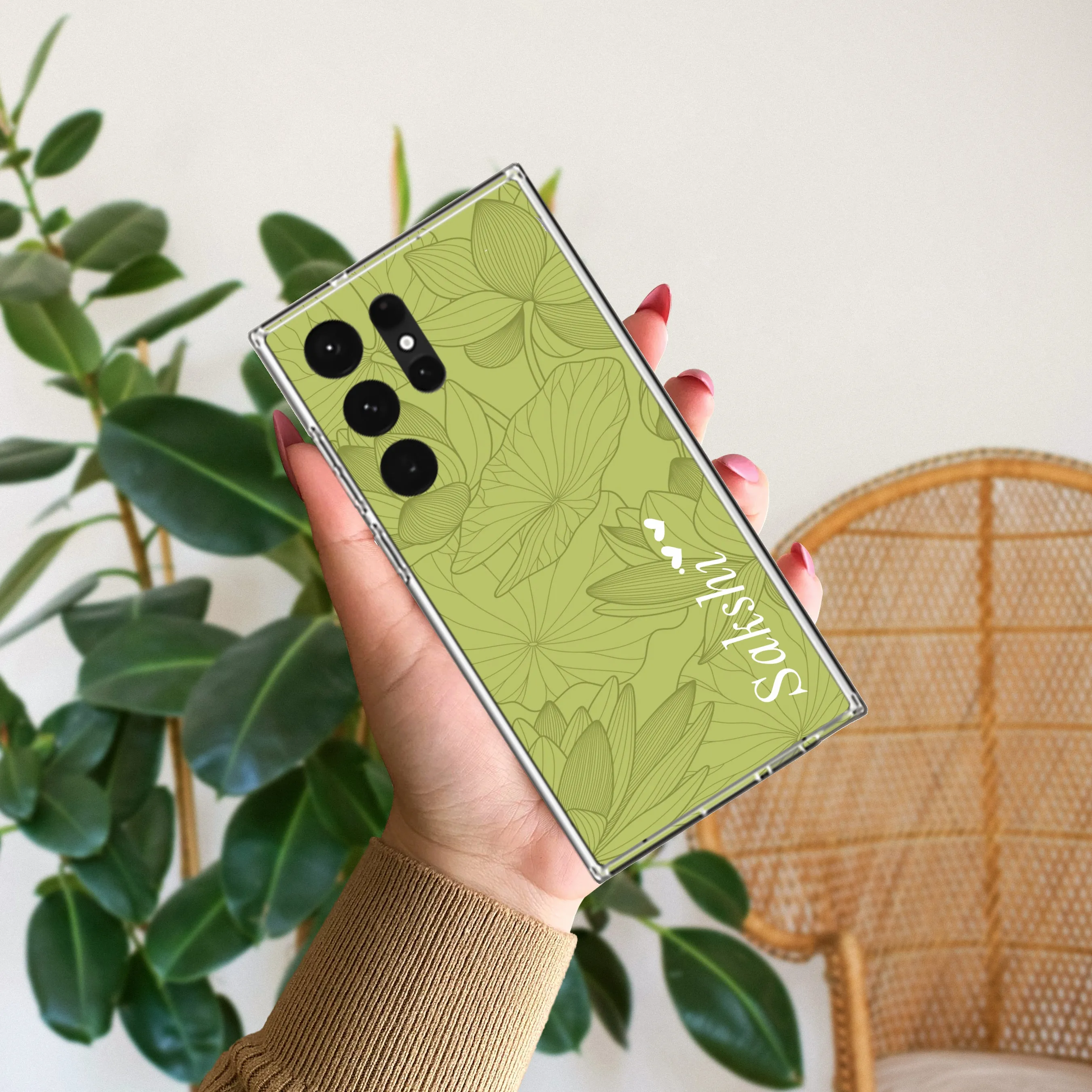 Customized luxury Mint Green leaves Transparent Silicon Case For Samsung