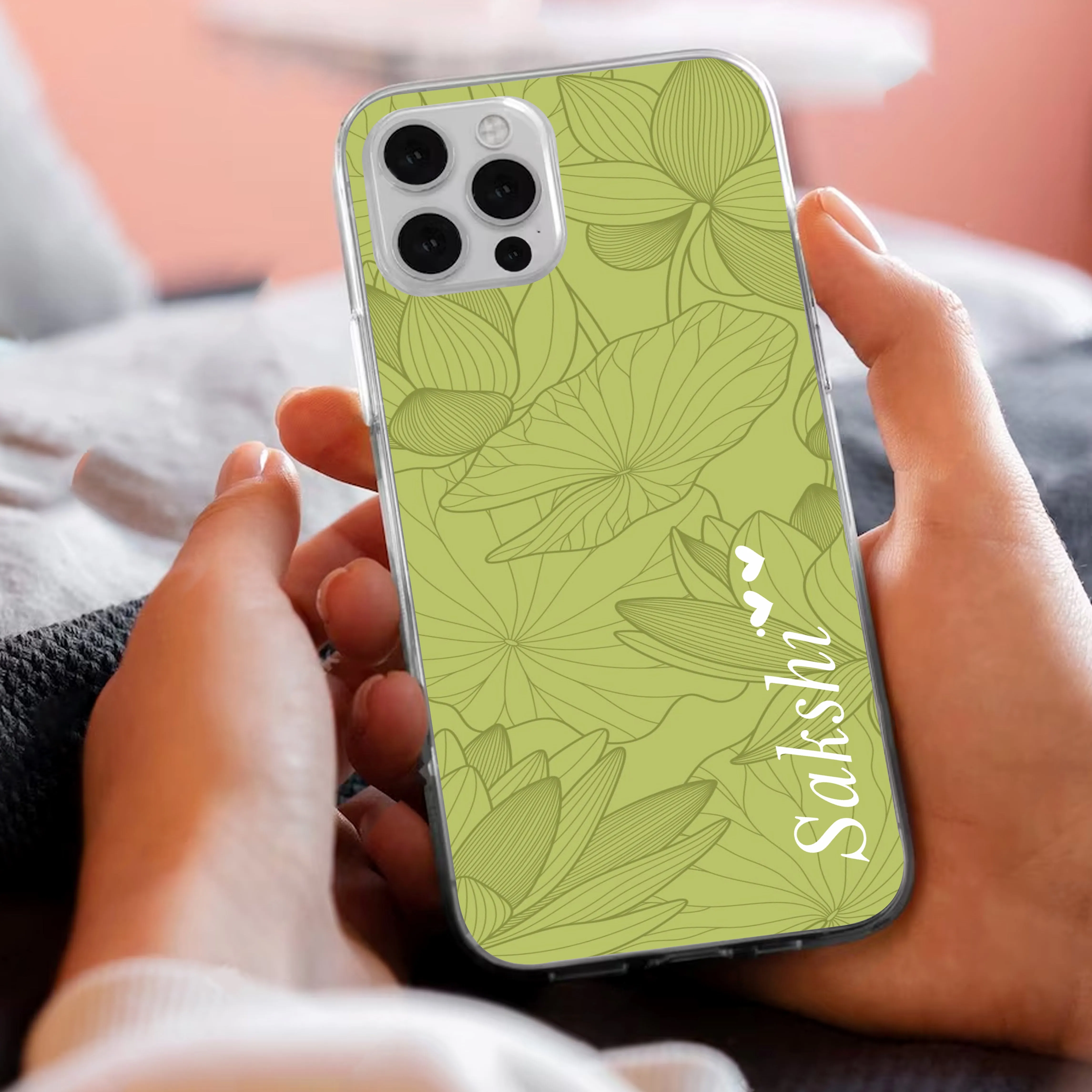 Customized luxury Mint Green leaves Transparent Silicon Case For Samsung