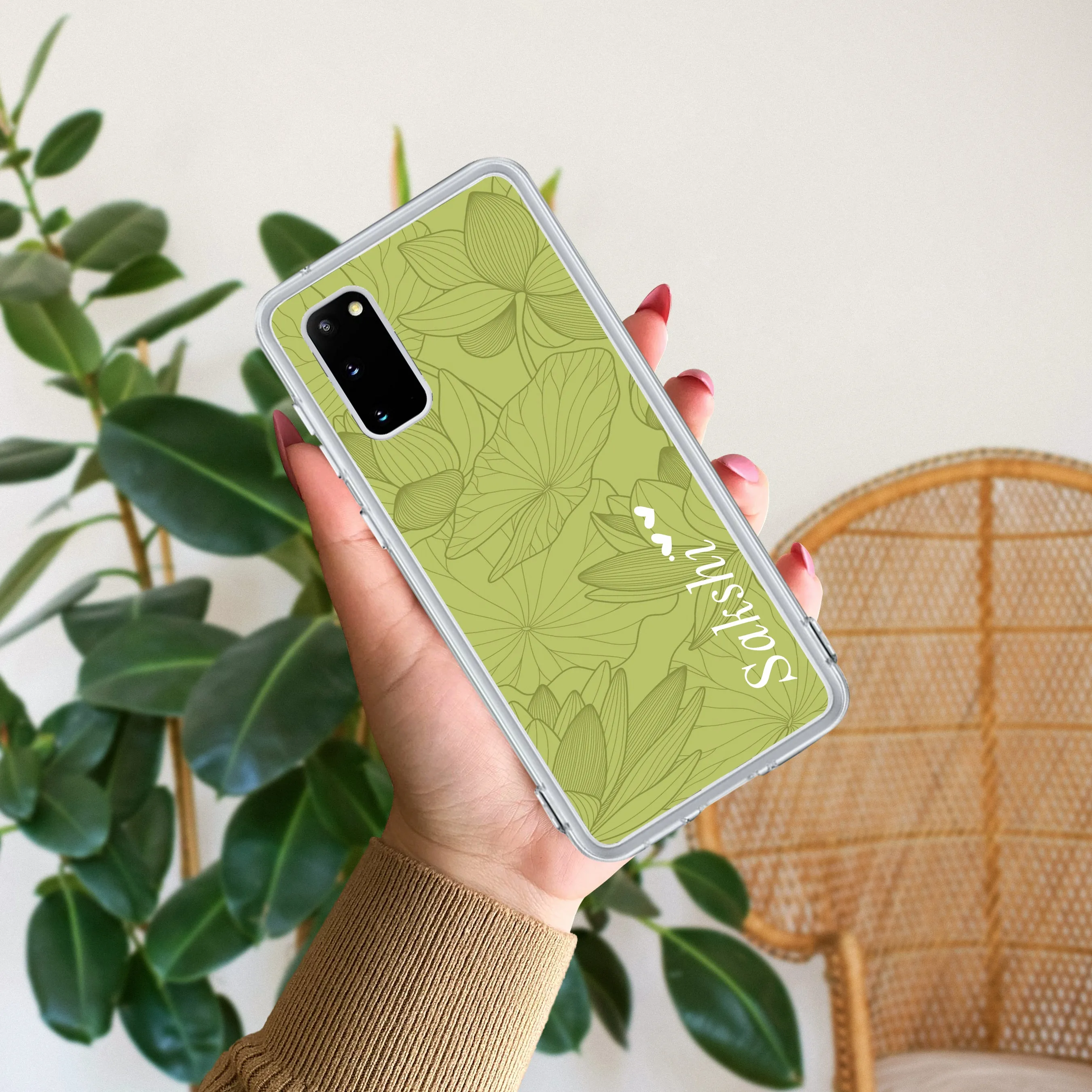 Customized luxury Mint Green leaves Transparent Silicon Case For Samsung