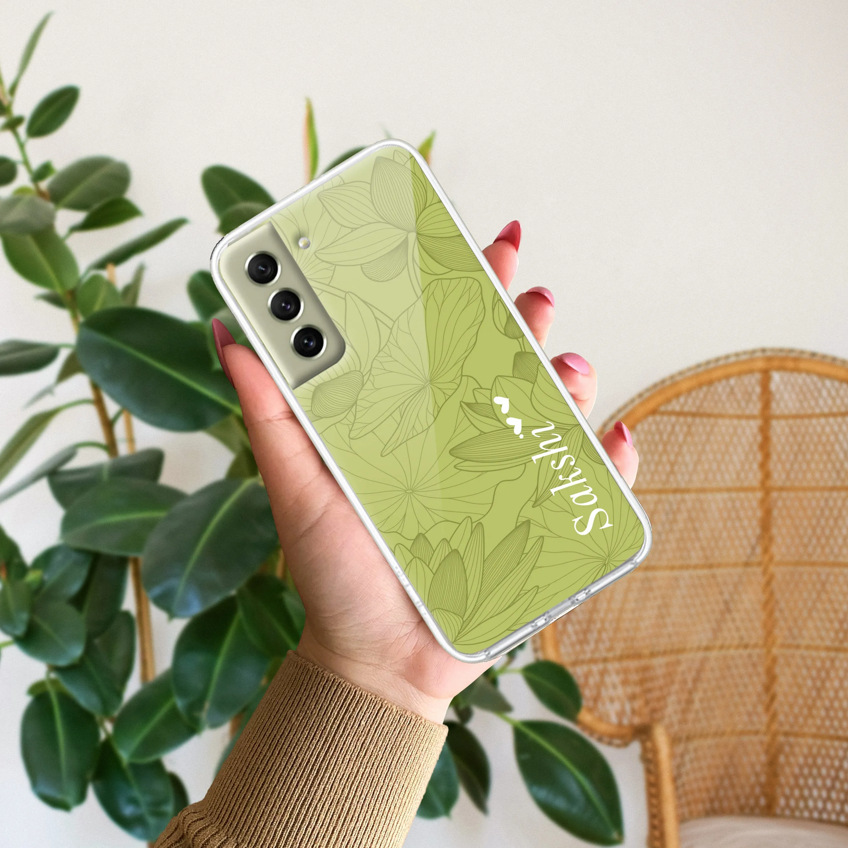Customized luxury Mint Green leaves Transparent Silicon Case For Samsung