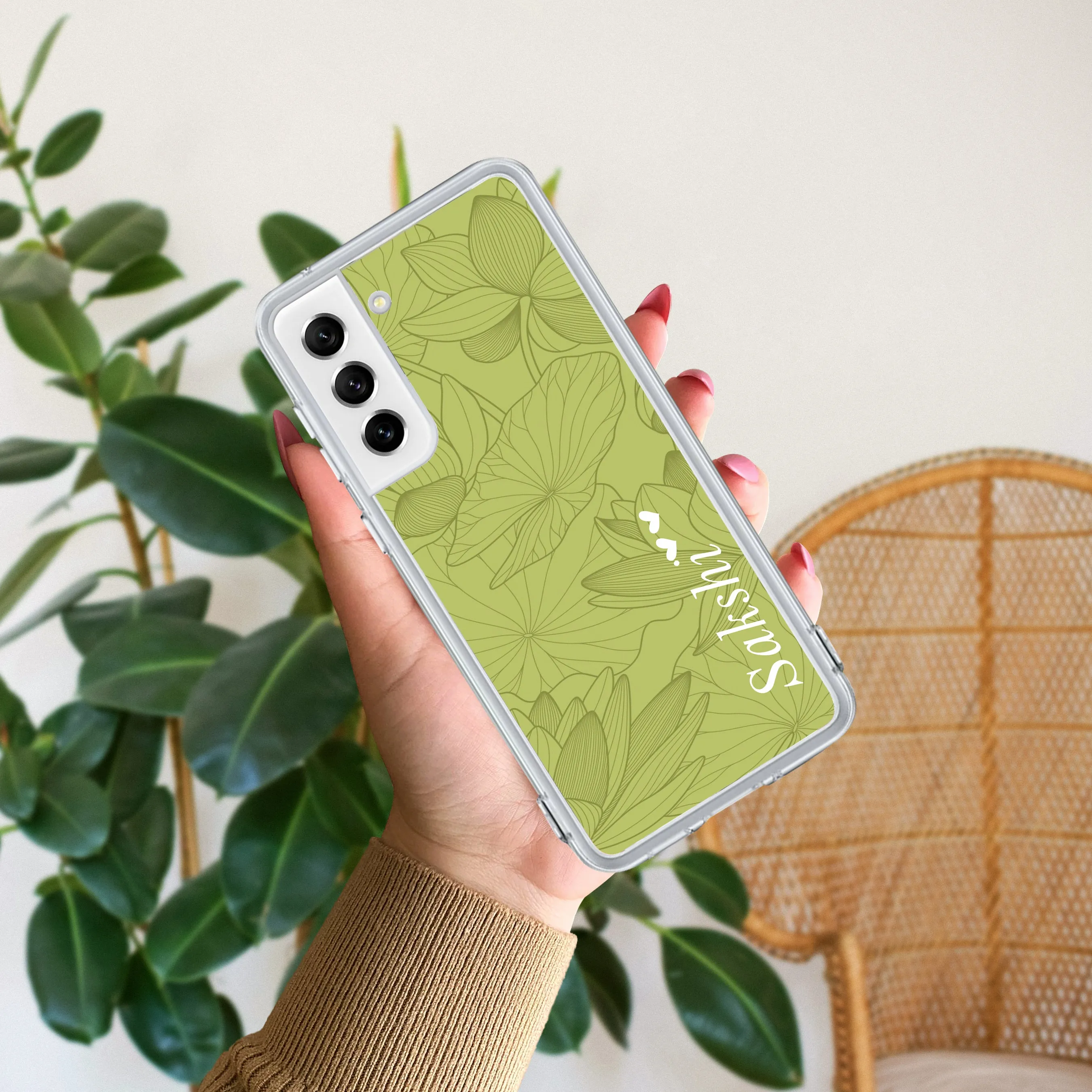 Customized luxury Mint Green leaves Transparent Silicon Case For Samsung