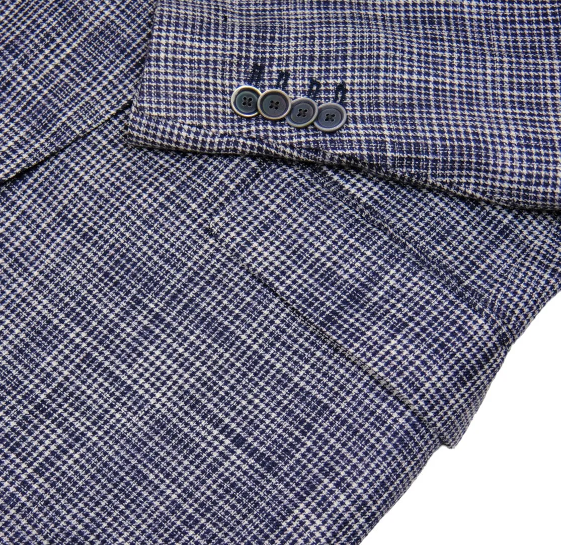 Lardini - Navy/Blue Checked Houndstooth Linen Sports Jacket 48