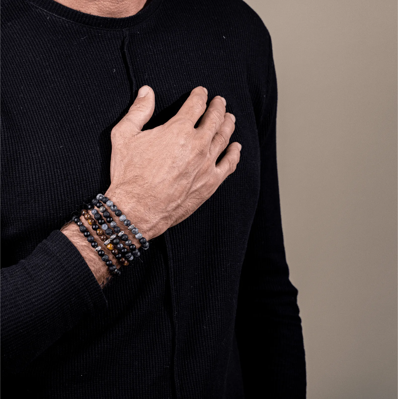 Men's Black Lava, Onyx and Hematite Beads Bracelet - 14K Rose Gold