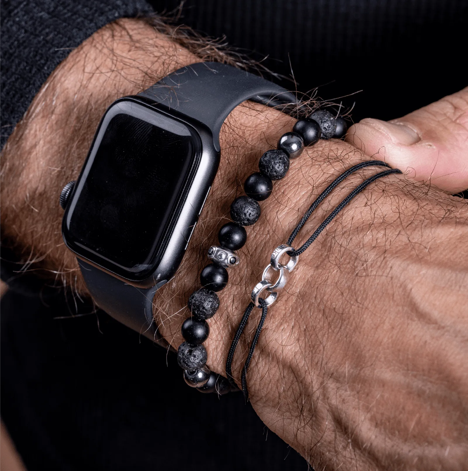 Men's Black Lava, Onyx and Hematite Beads Bracelet - 14K Rose Gold