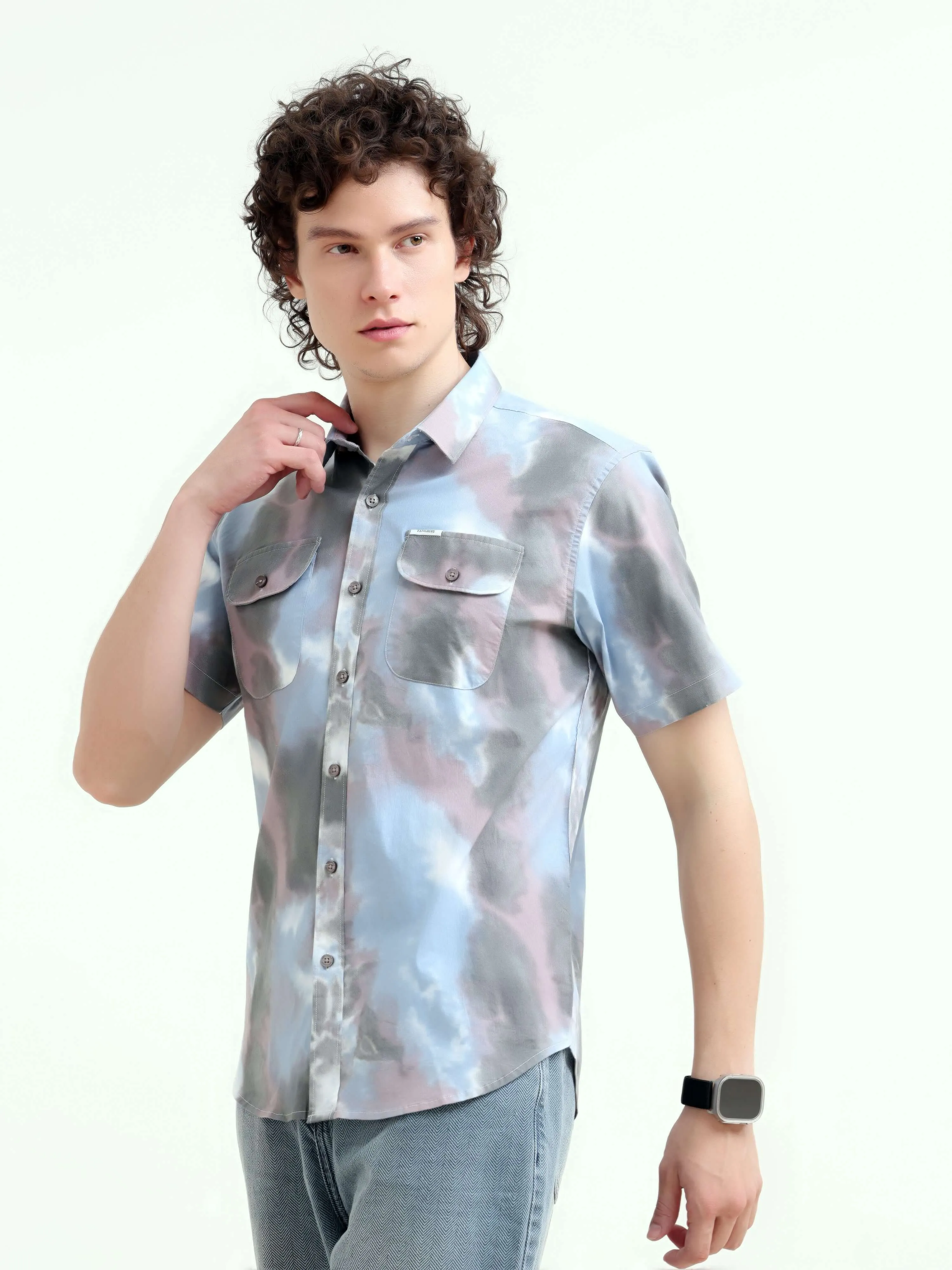 Plushy pastel blue water colour printed shirt