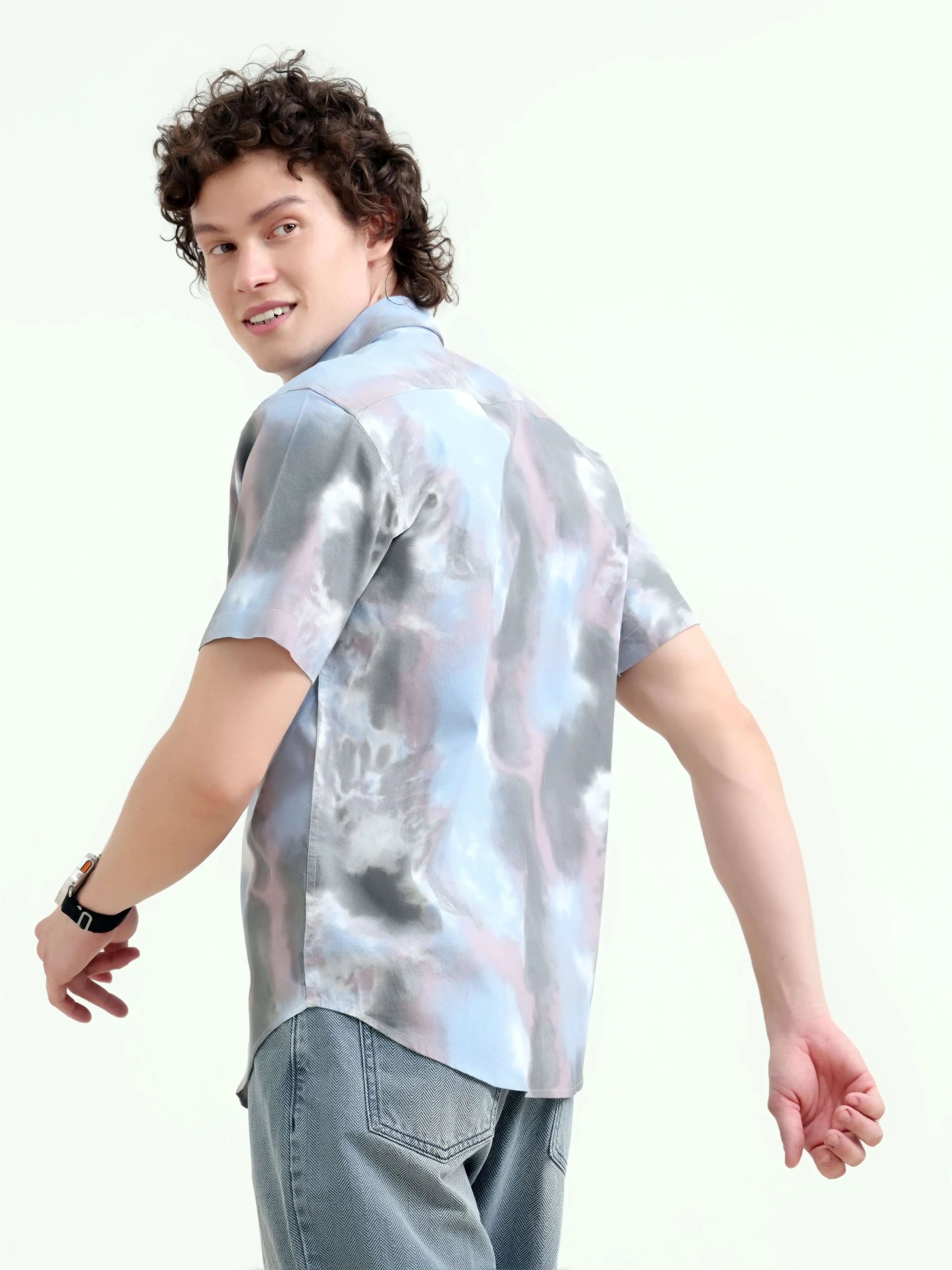 Plushy pastel blue water colour printed shirt