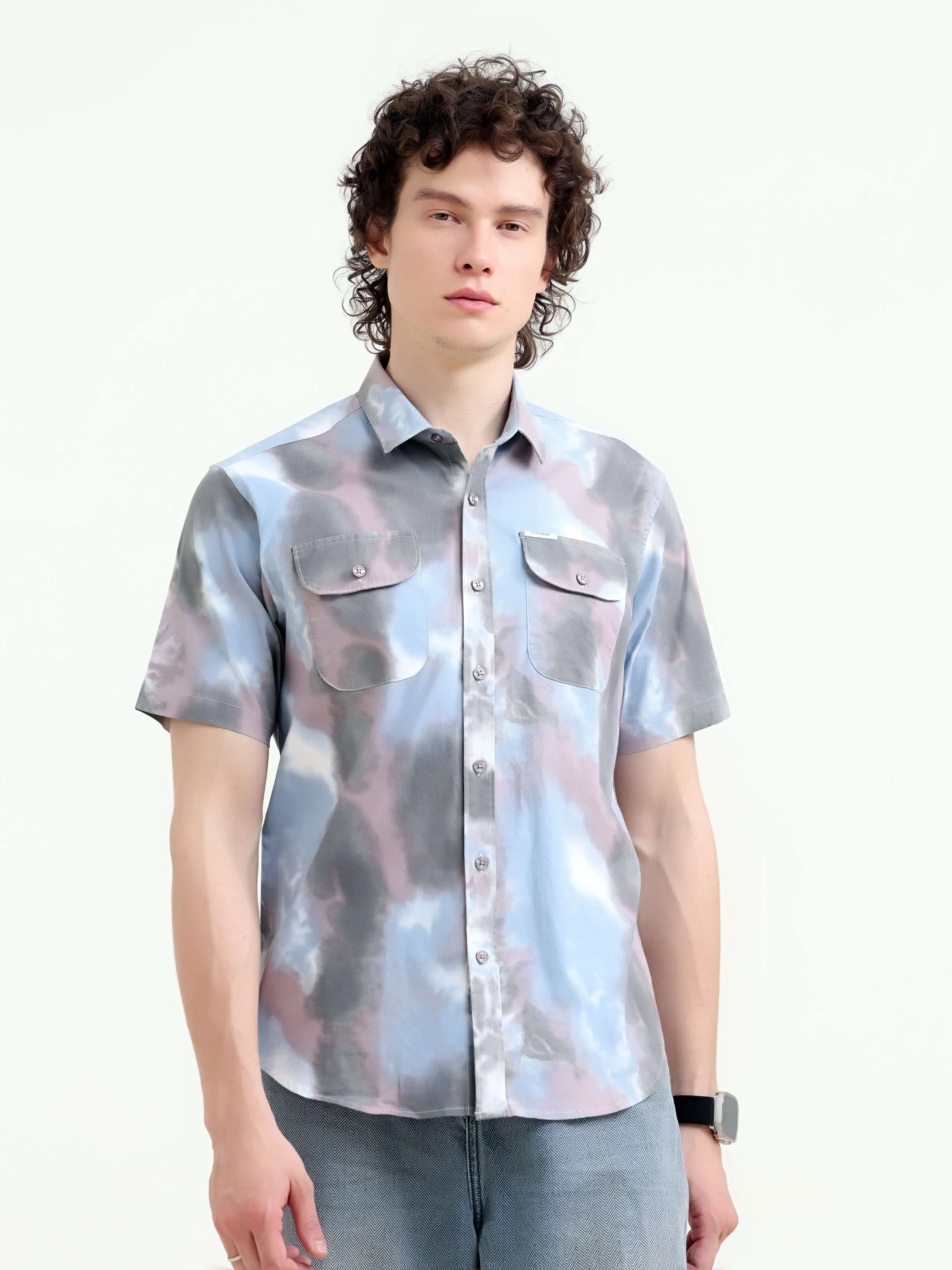 Plushy pastel blue water colour printed shirt