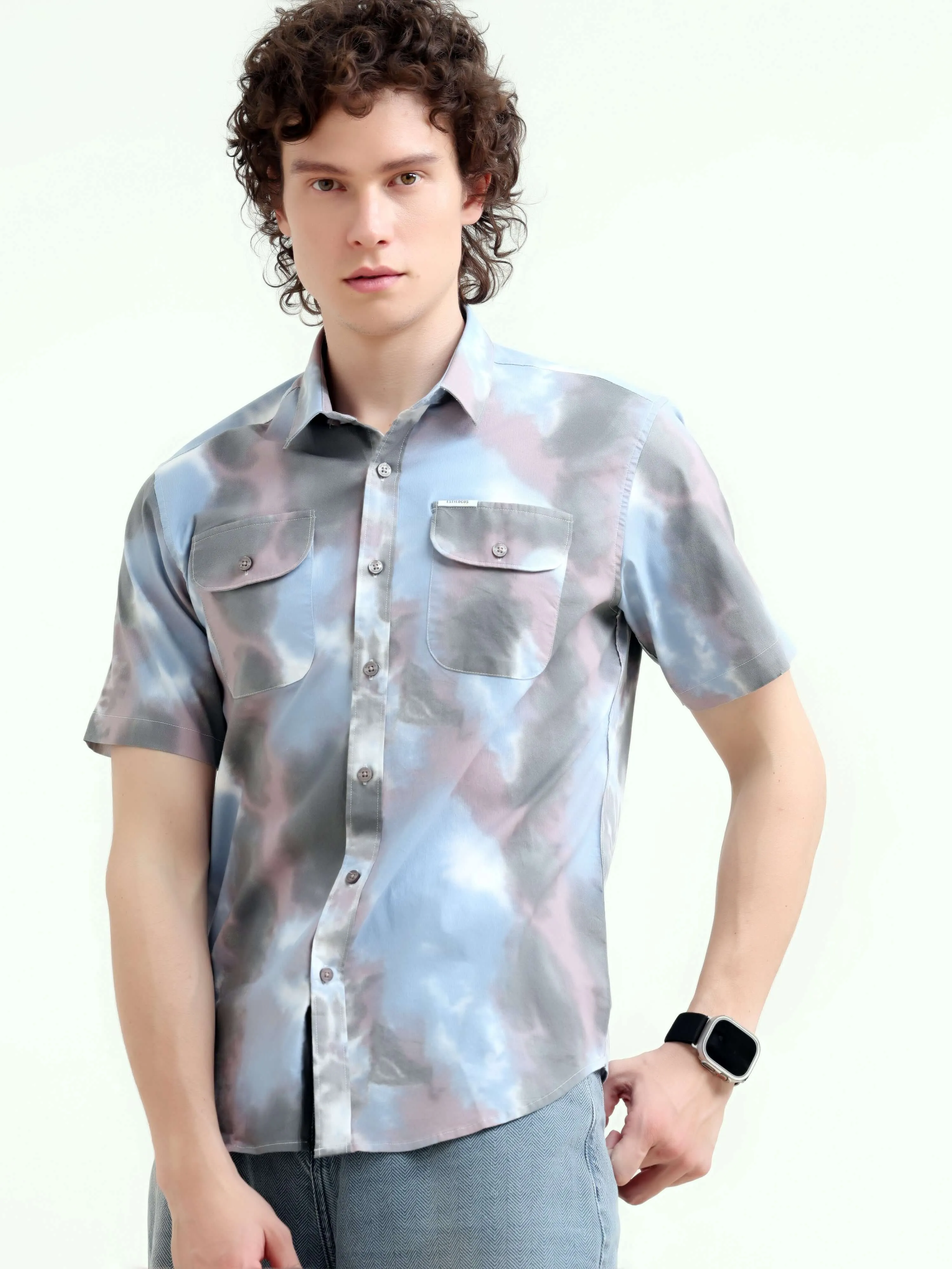 Plushy pastel blue water colour printed shirt