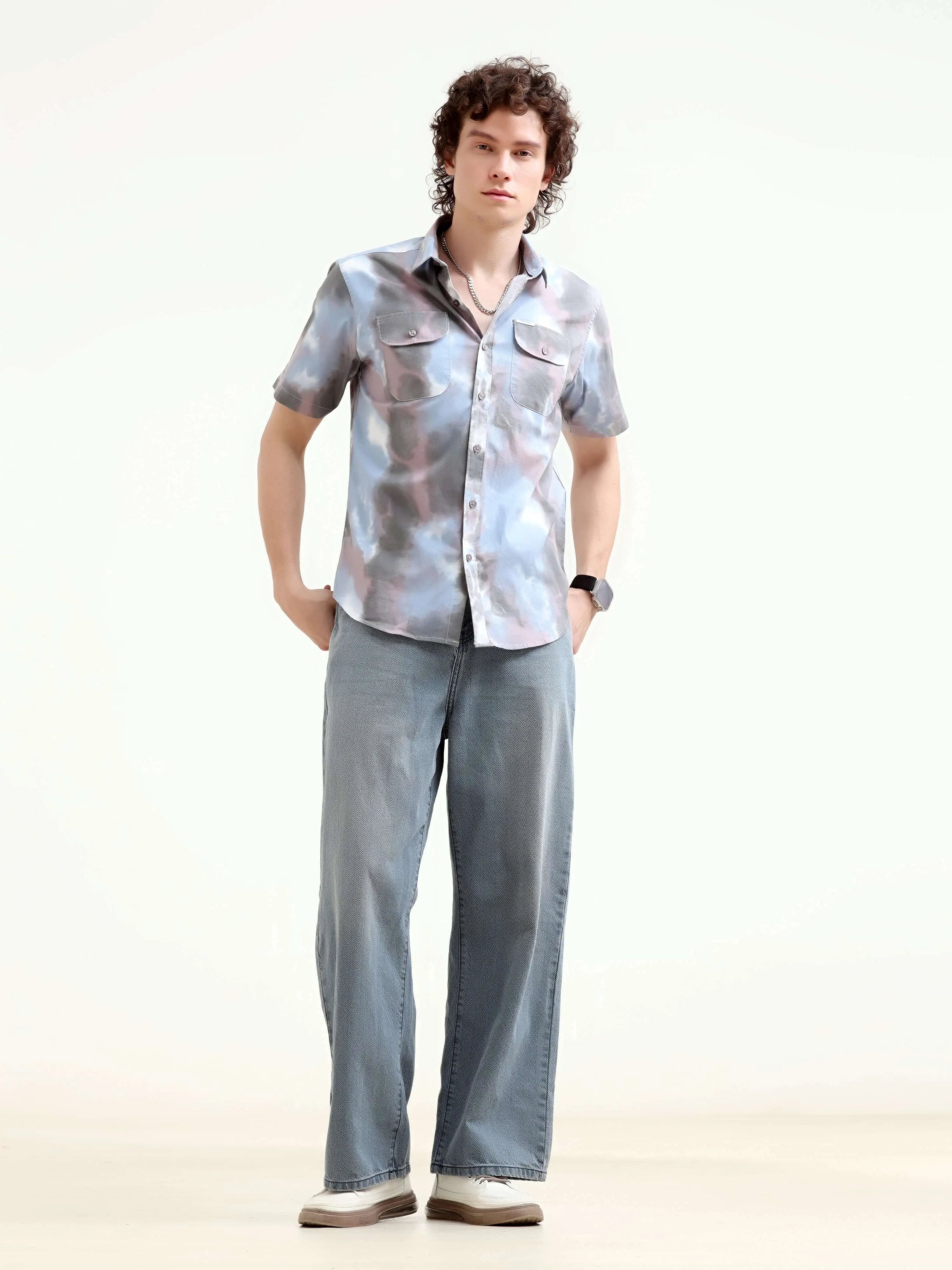 Plushy pastel blue water colour printed shirt