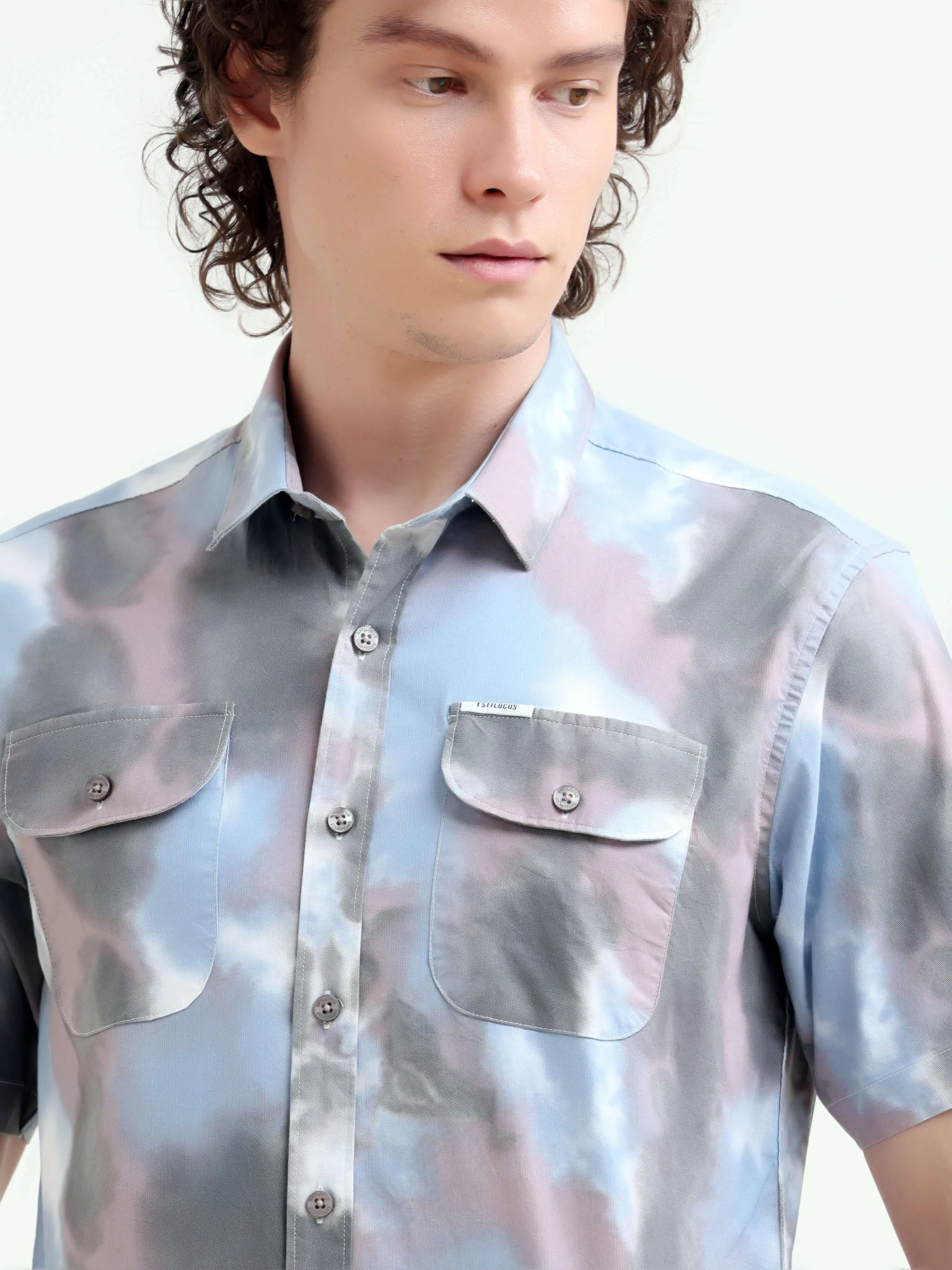 Plushy pastel blue water colour printed shirt