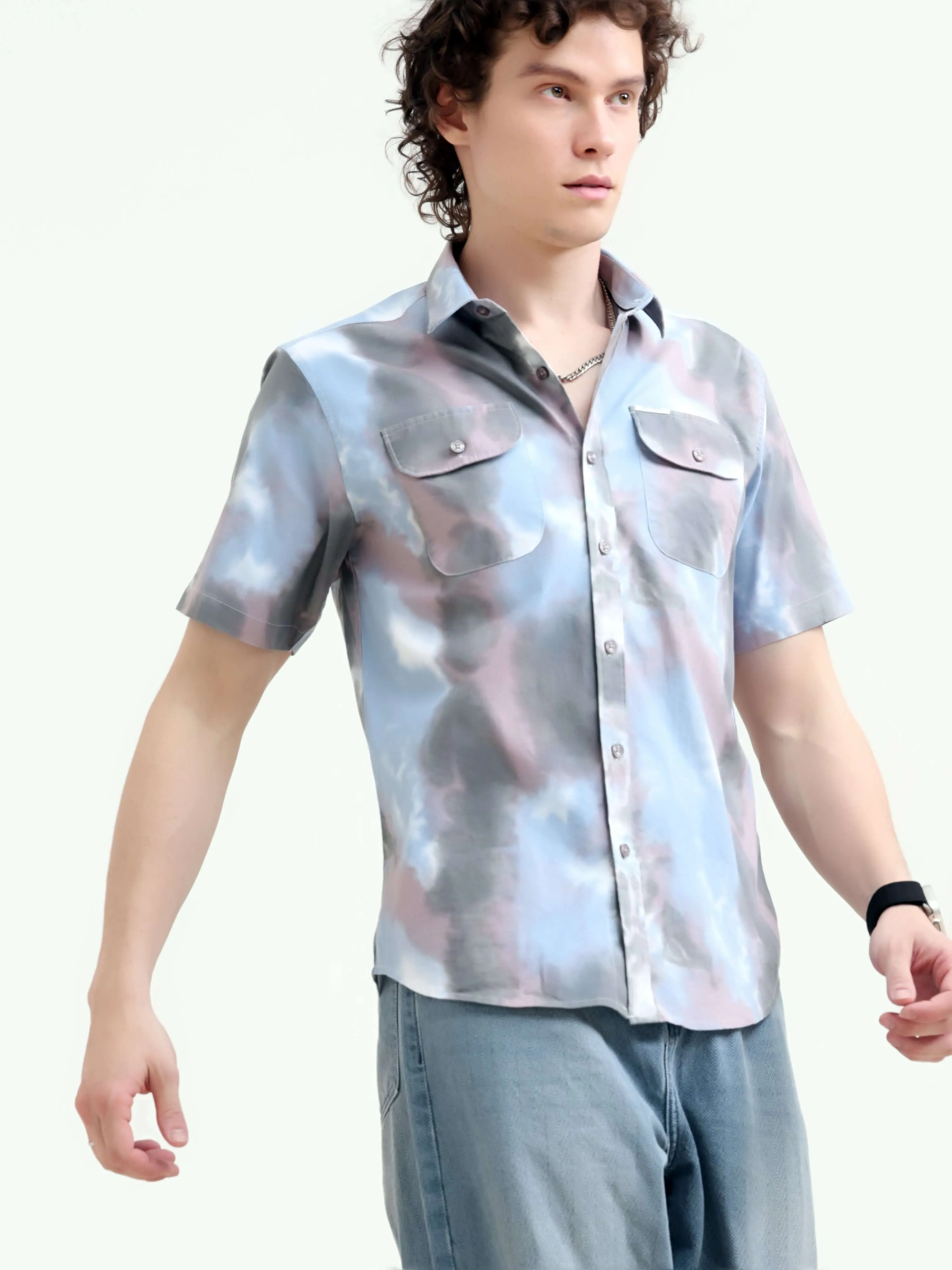 Plushy pastel blue water colour printed shirt