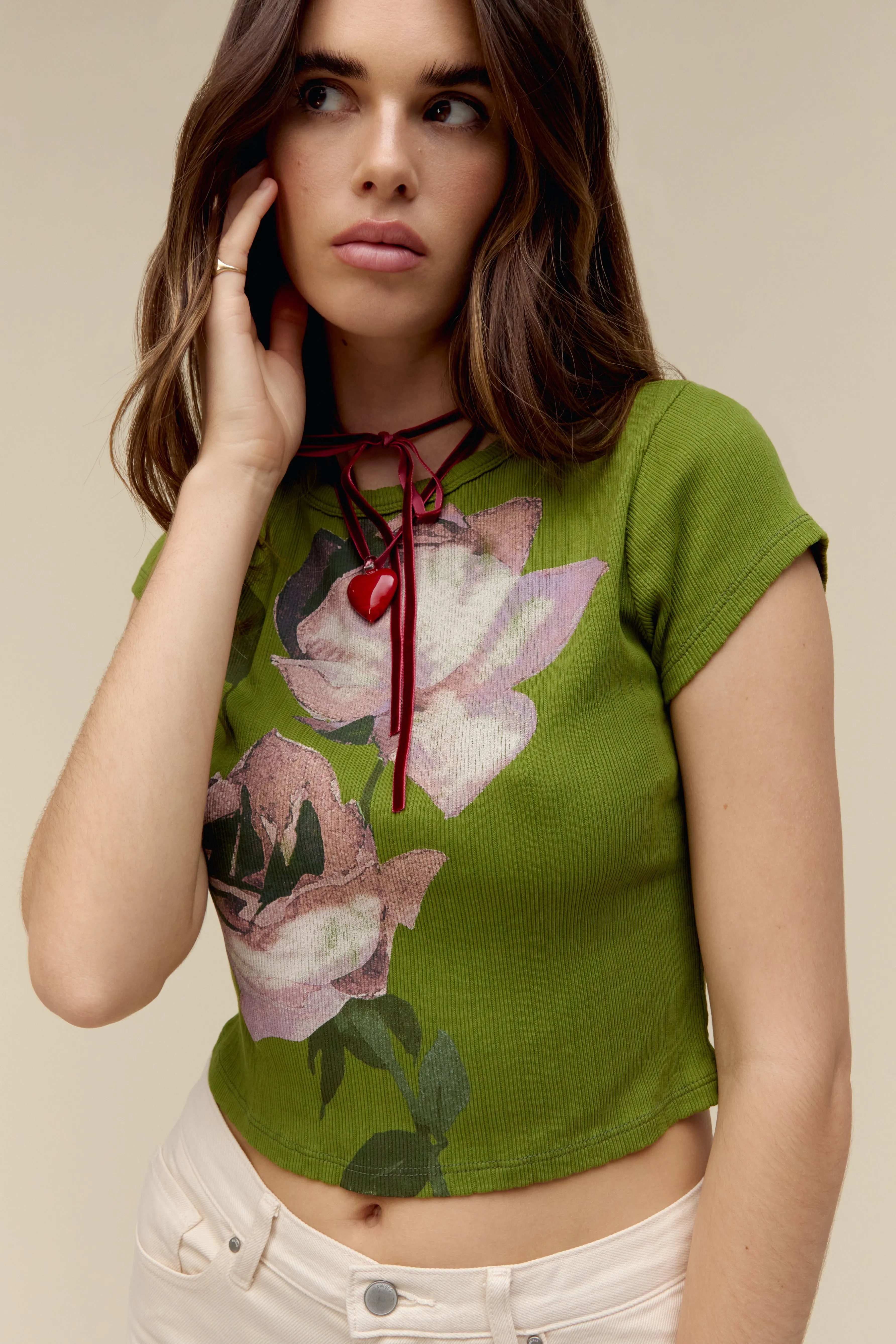 Rose Pointelle Tee in Green Oasis