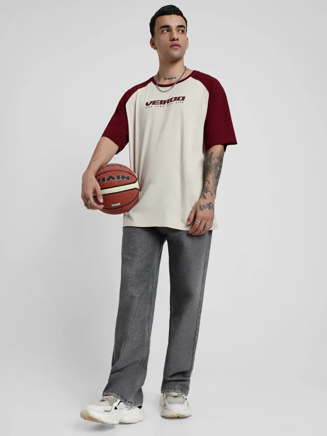 Swanwhite-Maroon Raglan Oversized Typography Printed Tshirt