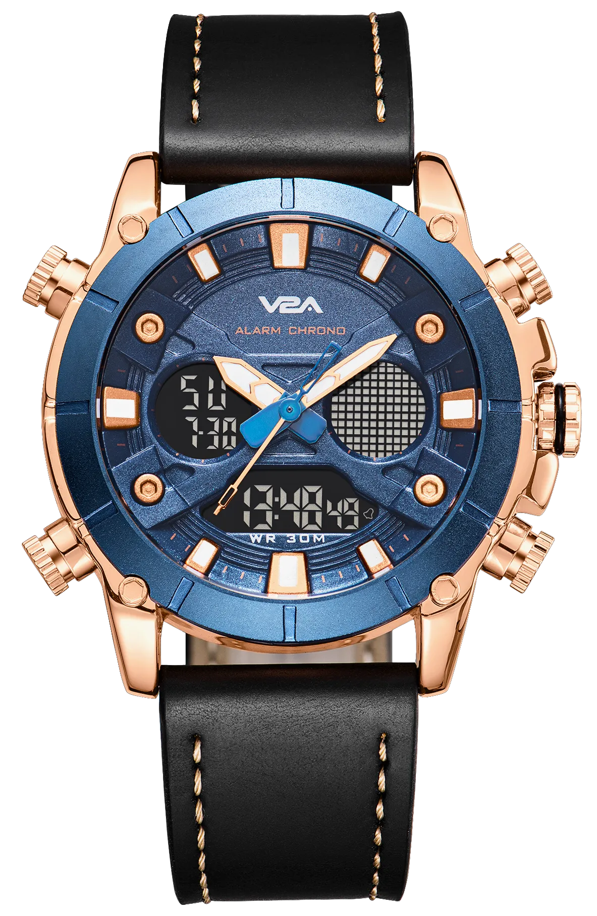 V2A Ultra Blue Gold Alloy Case Genuine Leather Band Analog Digital Fashion Watch for Men Latest Men’s Watch | Gifts for Men | Gift for Brother | Gift for Husband | Birthday Gifts