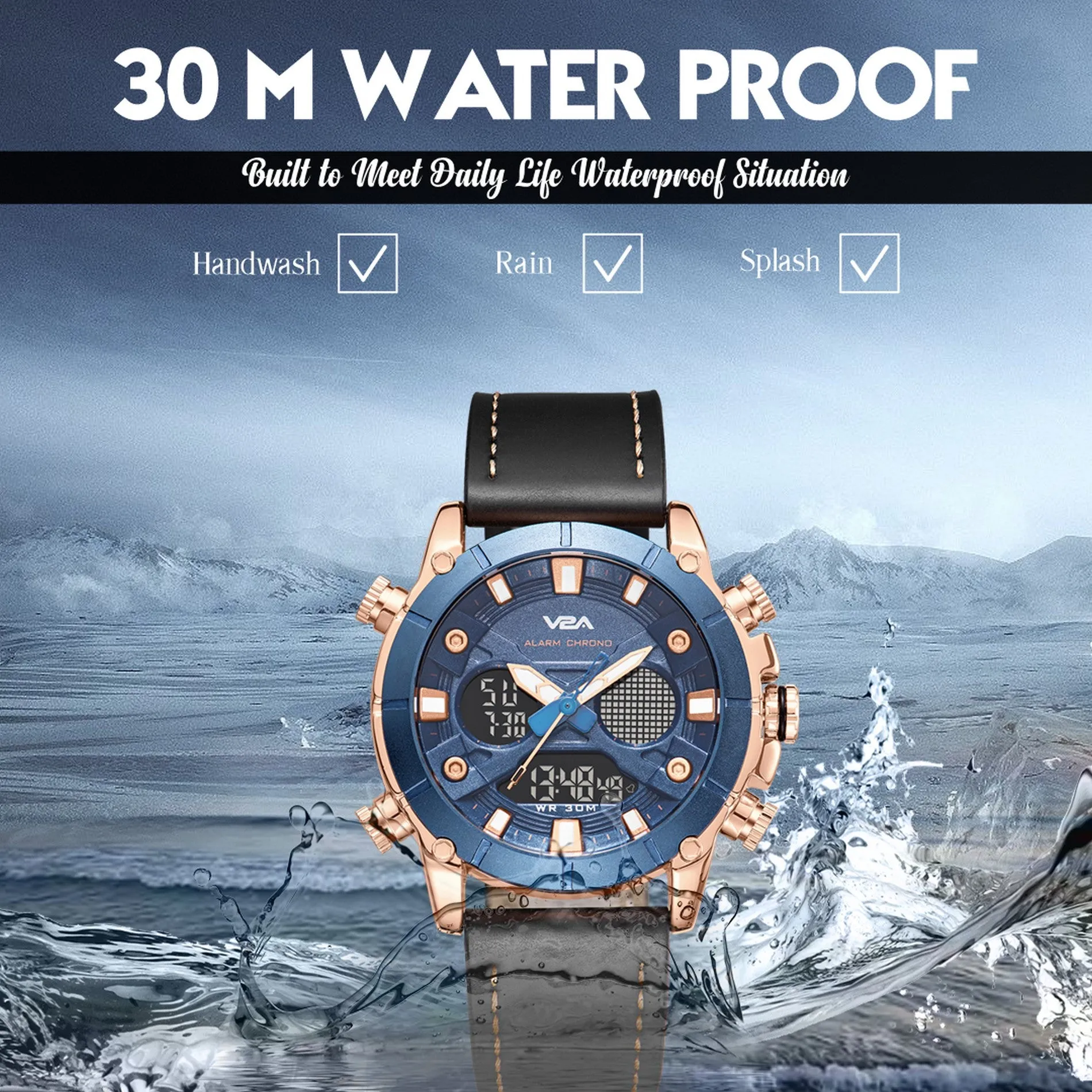 V2A Ultra Blue Gold Alloy Case Genuine Leather Band Analog Digital Fashion Watch for Men Latest Men’s Watch | Gifts for Men | Gift for Brother | Gift for Husband | Birthday Gifts