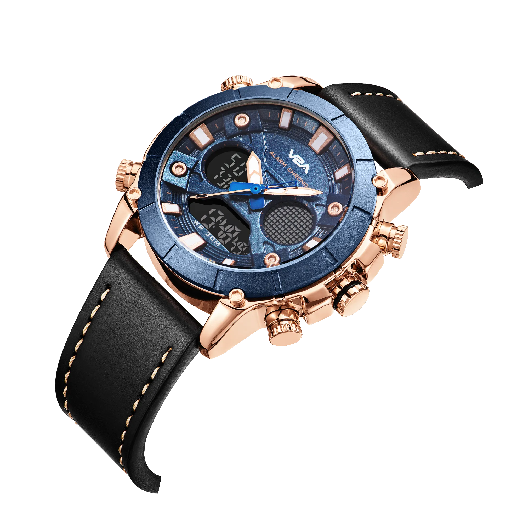 V2A Ultra Blue Gold Alloy Case Genuine Leather Band Analog Digital Fashion Watch for Men Latest Men’s Watch | Gifts for Men | Gift for Brother | Gift for Husband | Birthday Gifts