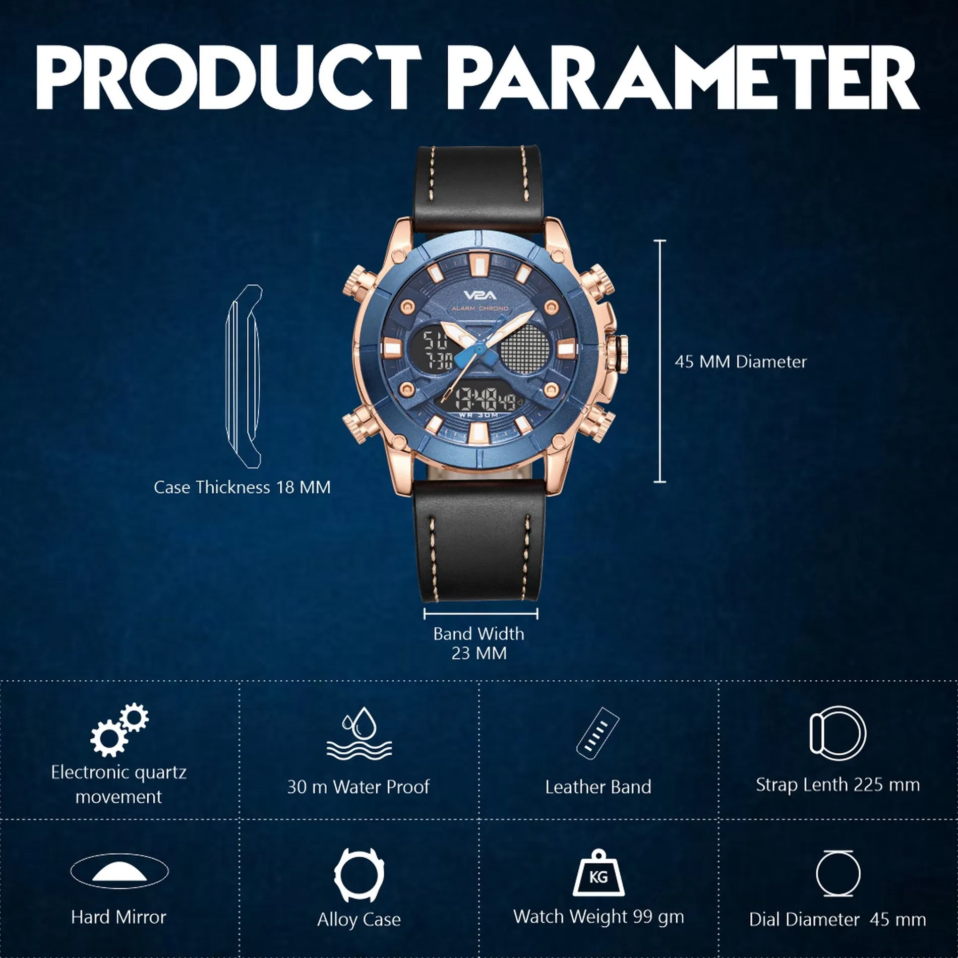 V2A Ultra Blue Gold Alloy Case Genuine Leather Band Analog Digital Fashion Watch for Men Latest Men’s Watch | Gifts for Men | Gift for Brother | Gift for Husband | Birthday Gifts