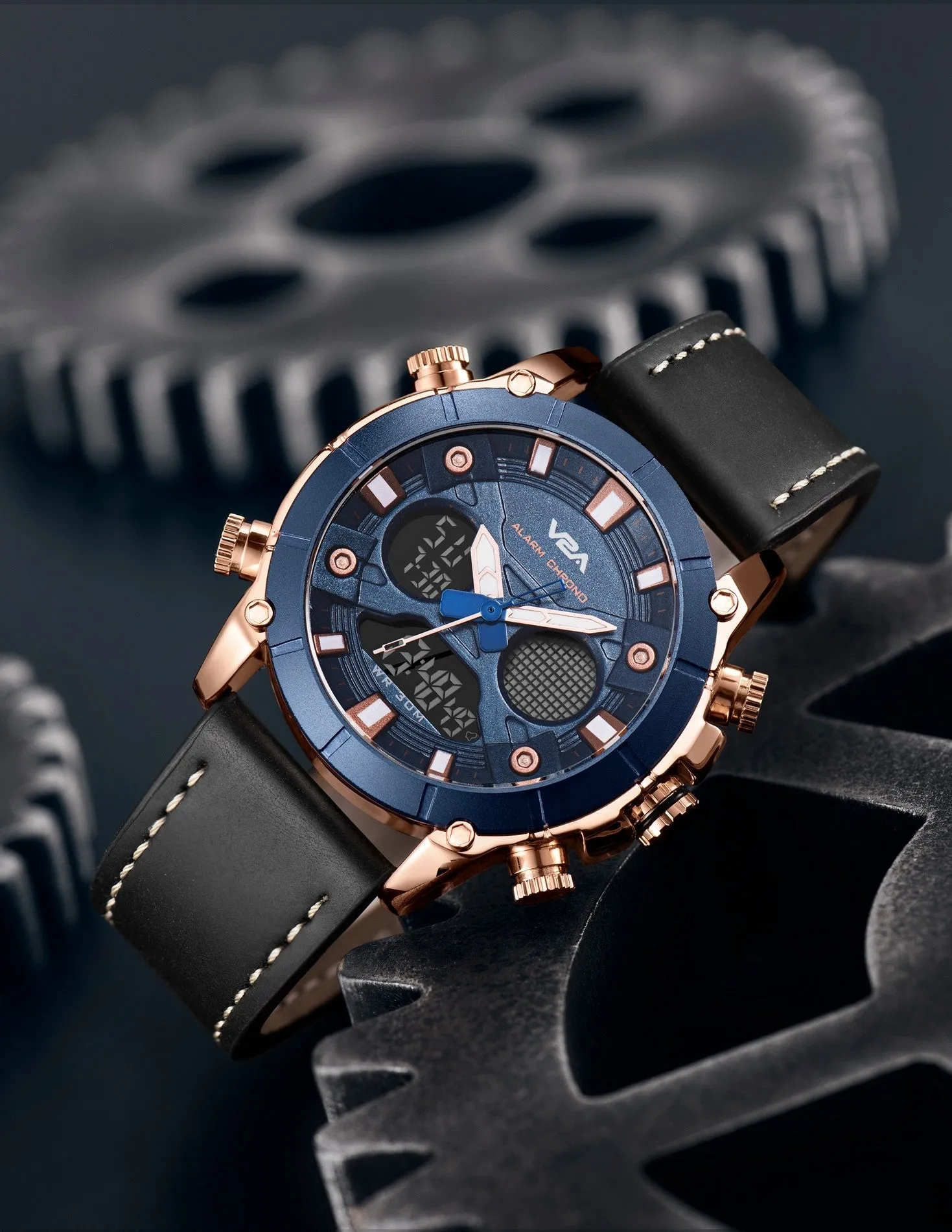 V2A Ultra Blue Gold Alloy Case Genuine Leather Band Analog Digital Fashion Watch for Men Latest Men’s Watch | Gifts for Men | Gift for Brother | Gift for Husband | Birthday Gifts
