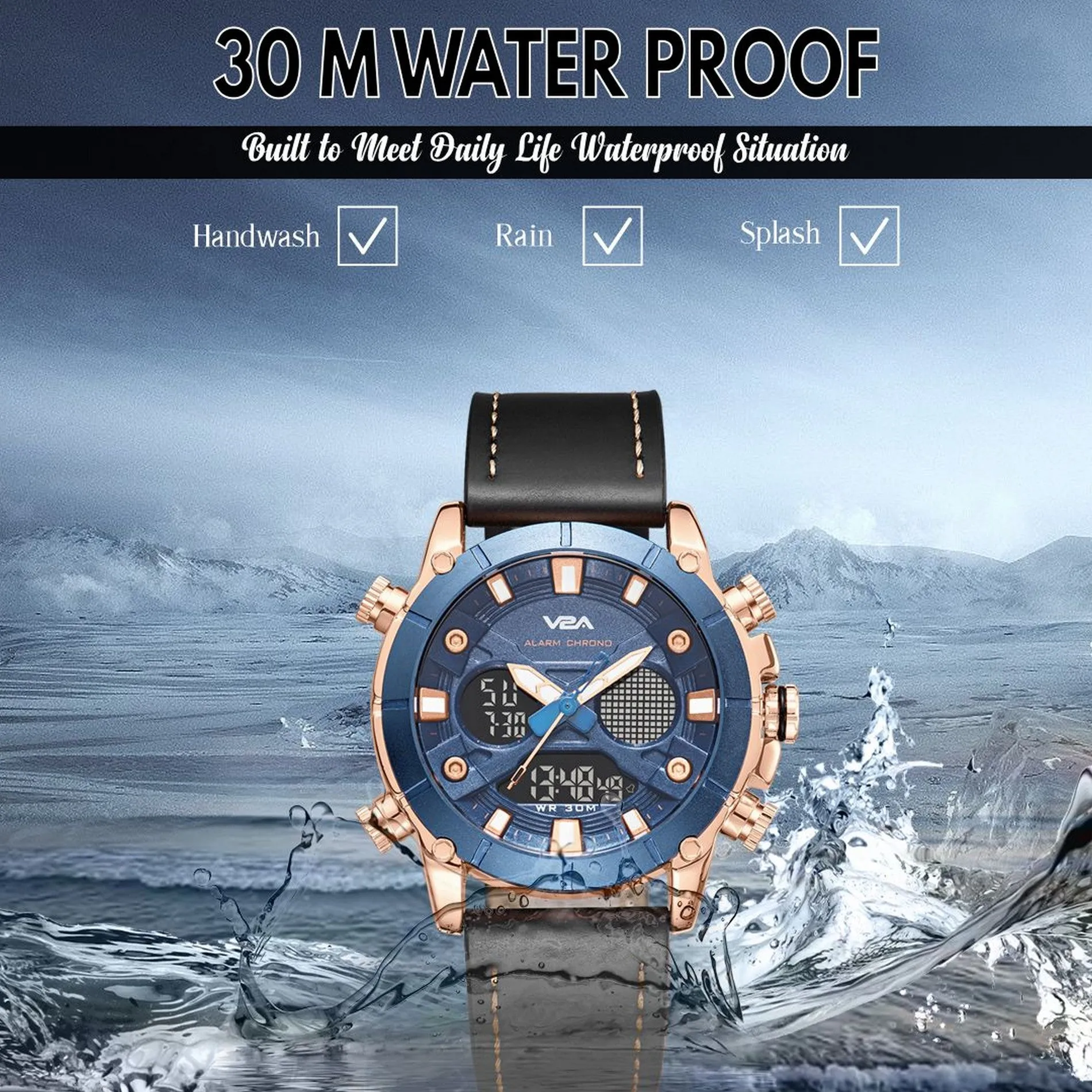 V2A Ultra Blue Gold Alloy Case Genuine Leather Band Analog Digital Fashion Watch for Men Latest Men’s Watch | Gifts for Men | Gift for Brother | Gift for Husband | Birthday Gifts