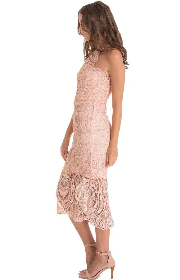 Women's Peach Embroidery Halter Neckline Lace Dress