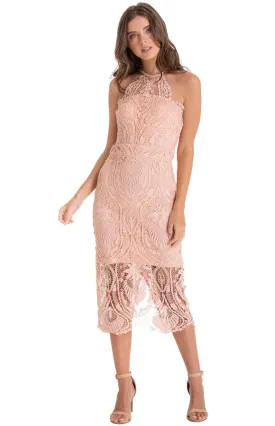 Women's Peach Embroidery Halter Neckline Lace Dress