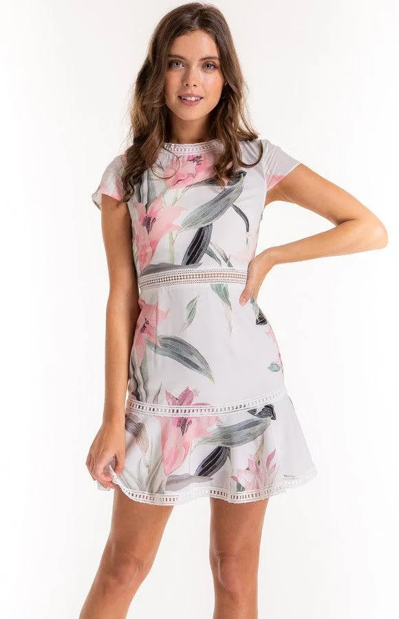 Women's White Floral Dress With Trim Detail